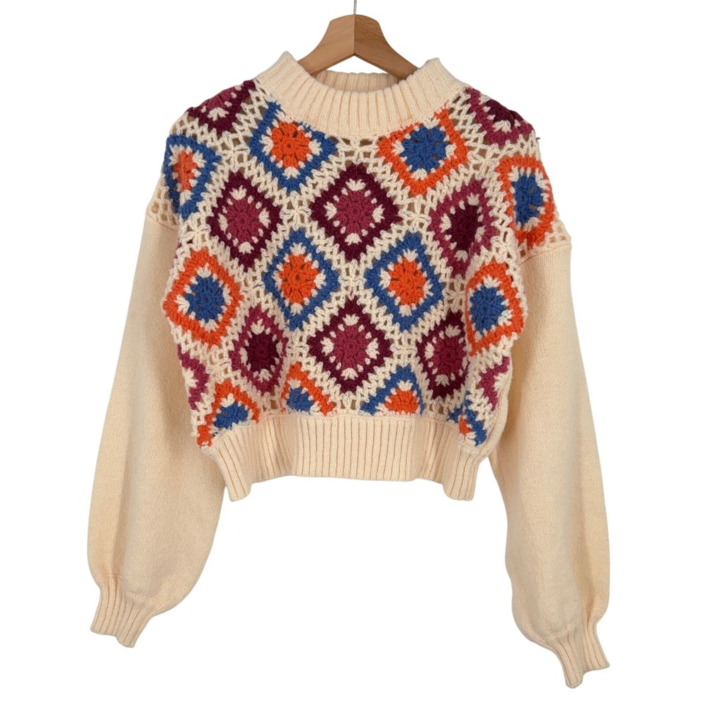 Debut Womens Crochet‎ Granny Square Cropped Sweater Cream Multi Color Small Boho